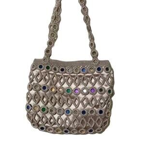 Sasha Crochet Purse Handbag Beige Multicolored Circles Diamond Pattern